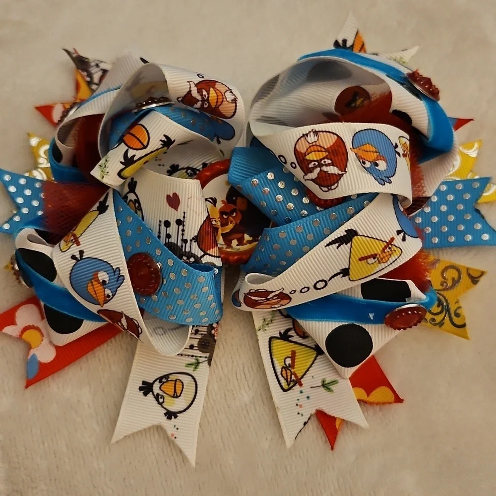 Vtg HANDMADE Large Colorful Angry Bird Cartoon Character Hair Bow Clip